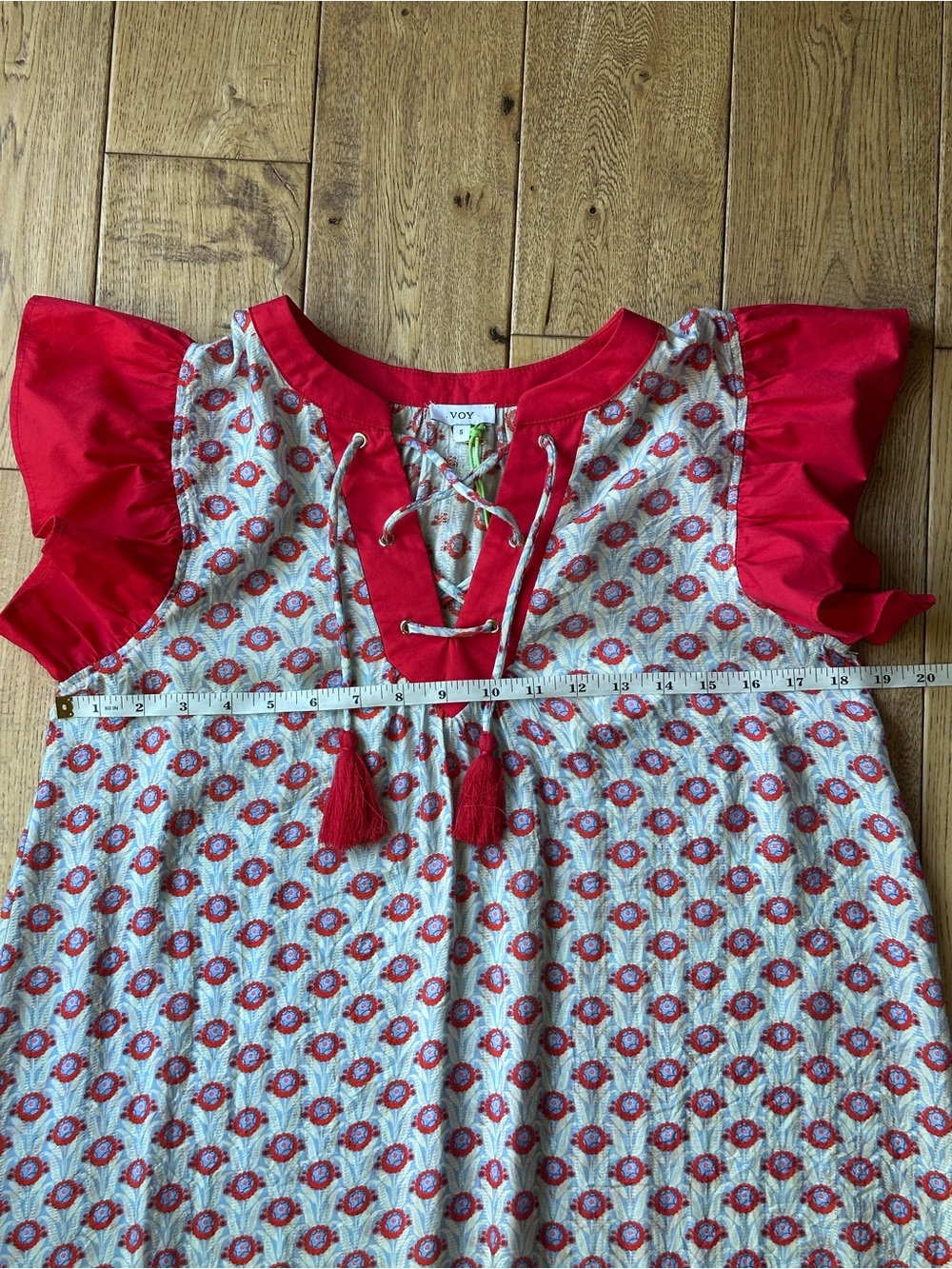 NEW Voy Red Printed Contrast Ruffle Sleeve Tiered Dress size Small - Picture 9 of 11